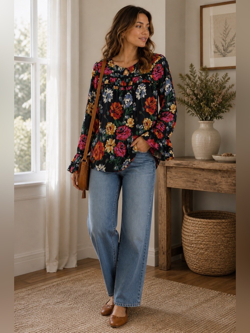Elaine Rose Black Floral Tulip Sleeve Blouse Size Small